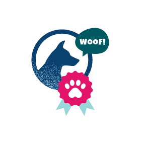 Icon of a dog's profile with a speech bubble saying woof and a ribbon with a dog paw